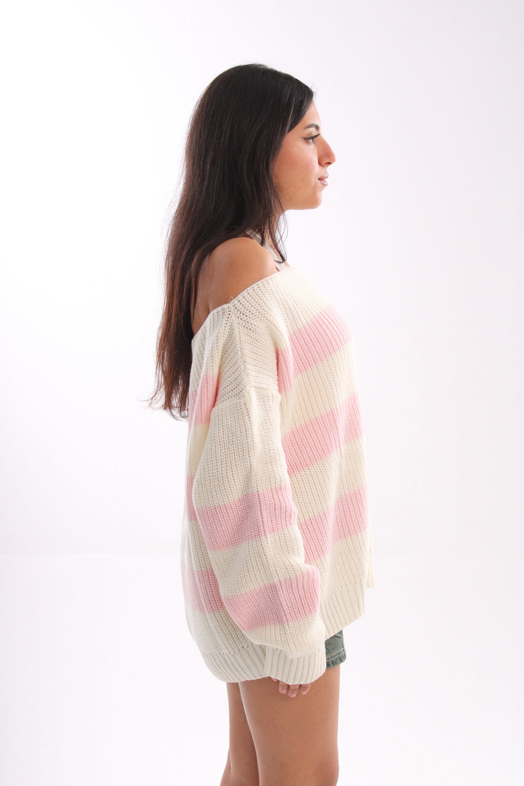 knitted off-shoulder pinkXwhite