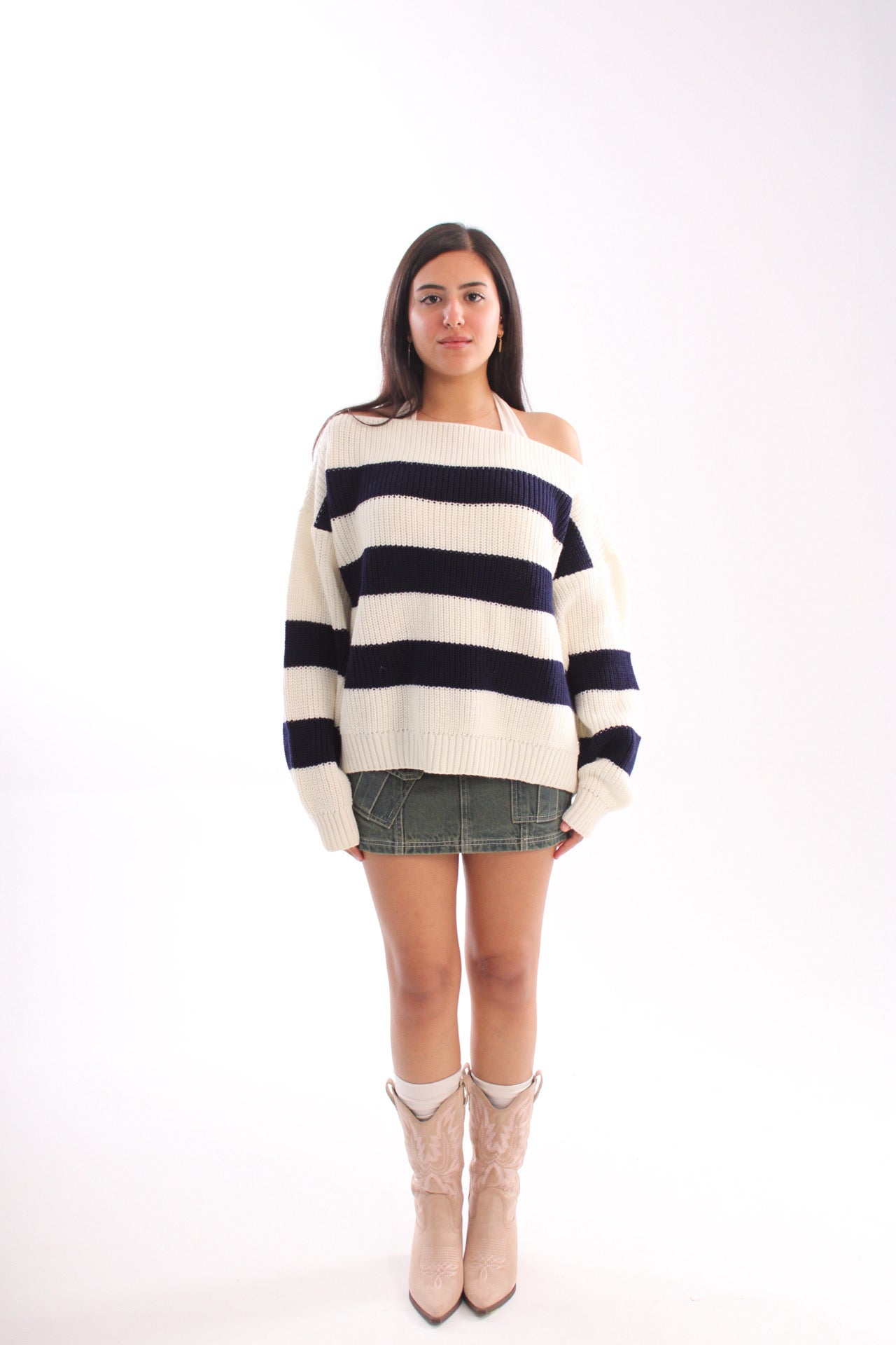 knitted off-shoulder navyXwhite