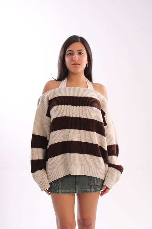 knitted off-shoulder brownXbeige