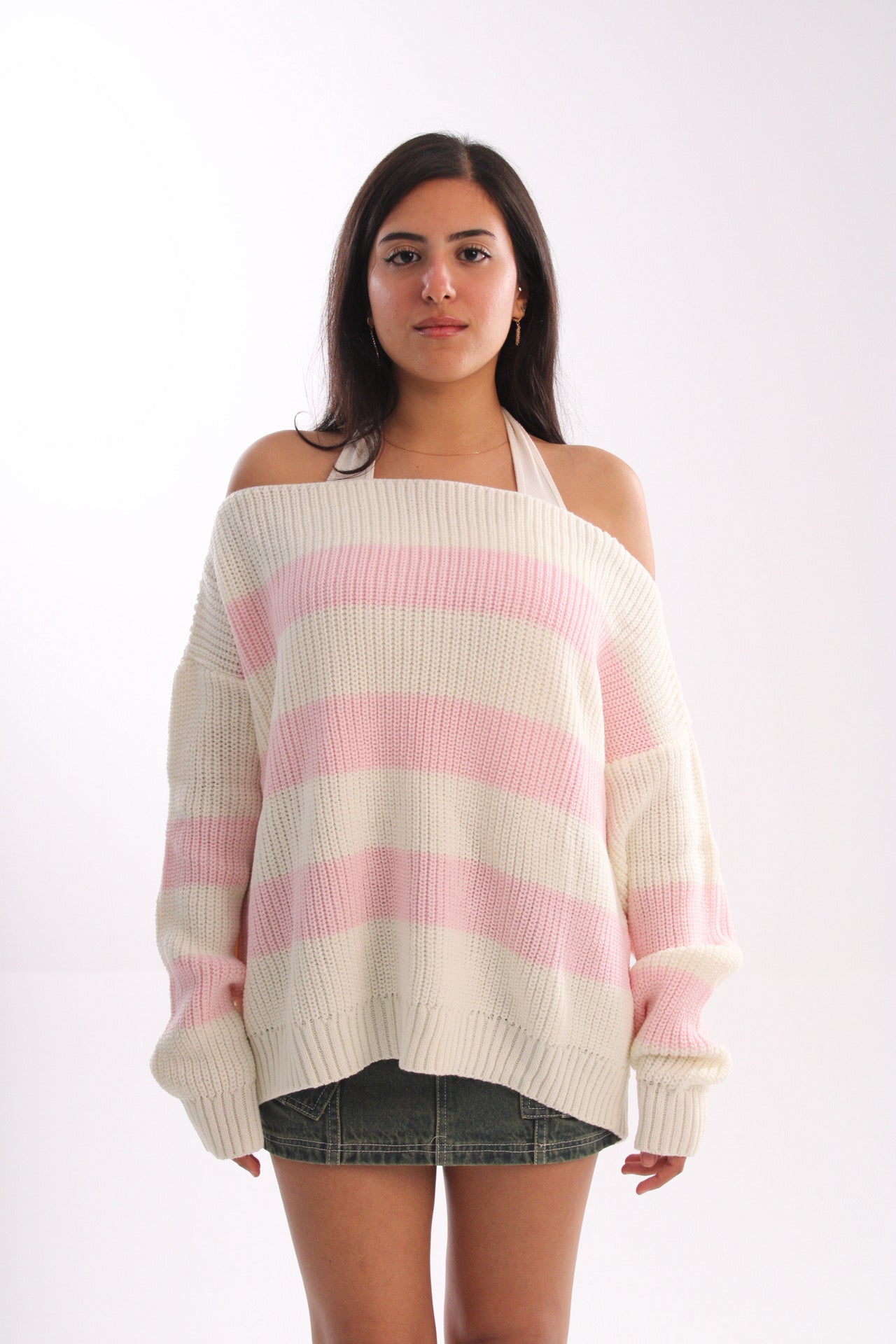 knitted off-shoulder pinkXwhite