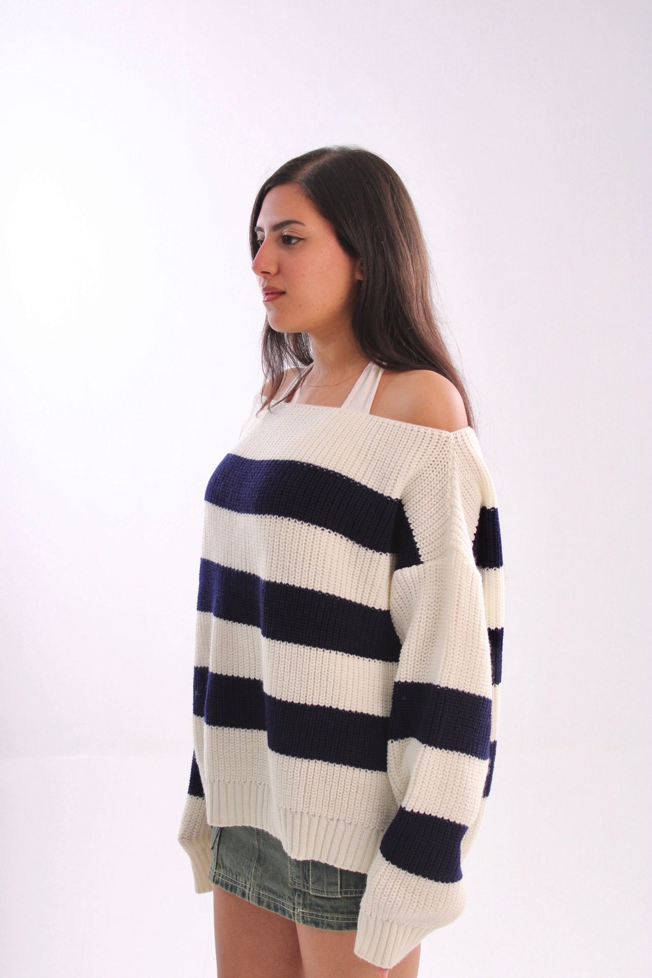 knitted off-shoulder navyXwhite