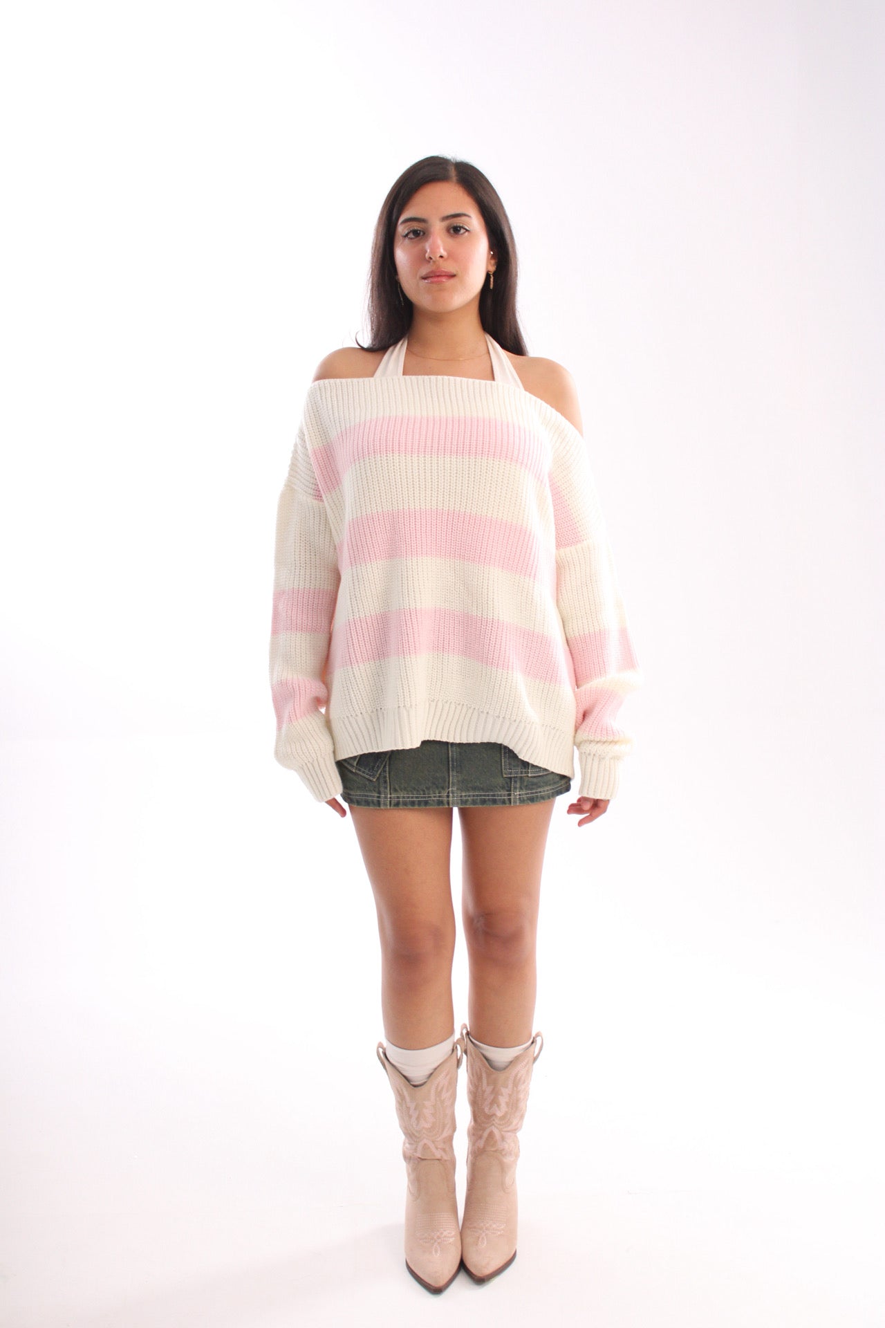 knitted off-shoulder pinkXwhite
