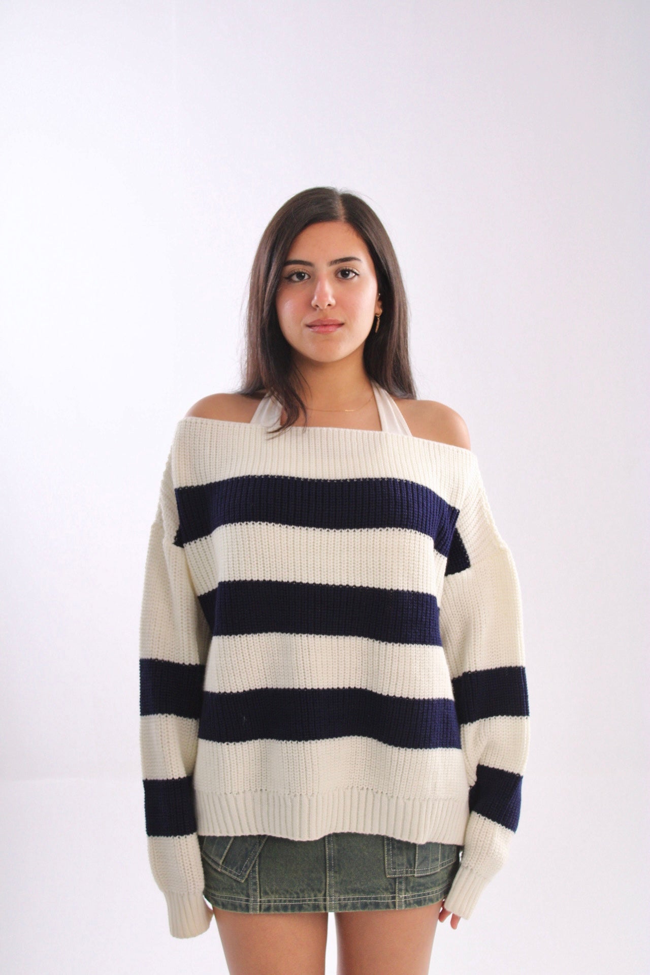 knitted off-shoulder navyXwhite