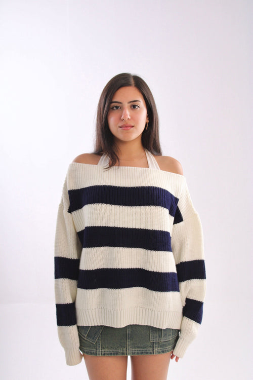 knitted off-shoulder navyXwhite